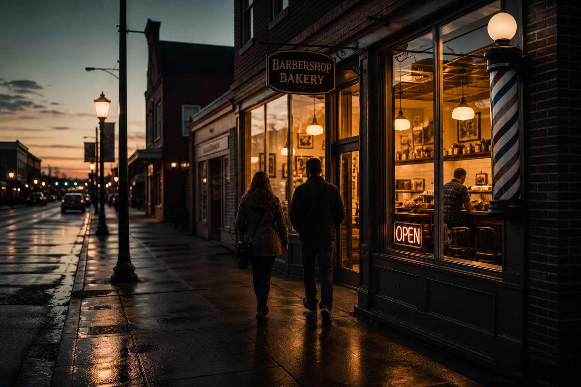 Customers walking toward a lit shop at dusk on a wet main street.